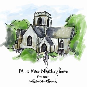 Descarga de ilustración del lugar de la boda, pintura digital totalmente dibujada a mano, regalo de boda, dibujo de la iglesia, recuerdo de la boda, regalo totalmente personalizado