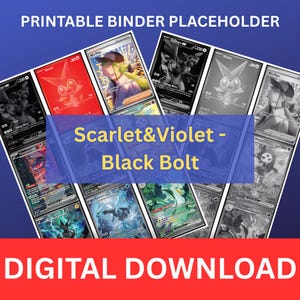 May include: A collection of trading cards with various designs and colors, including red, green, and black. The cards are arranged in a circular pattern. Text on the cards includes "Victini" and "N's Plan". The image also contains the text "Scarlet & Violet - Black Bolt" and "DIGITAL DOWNLOAD".