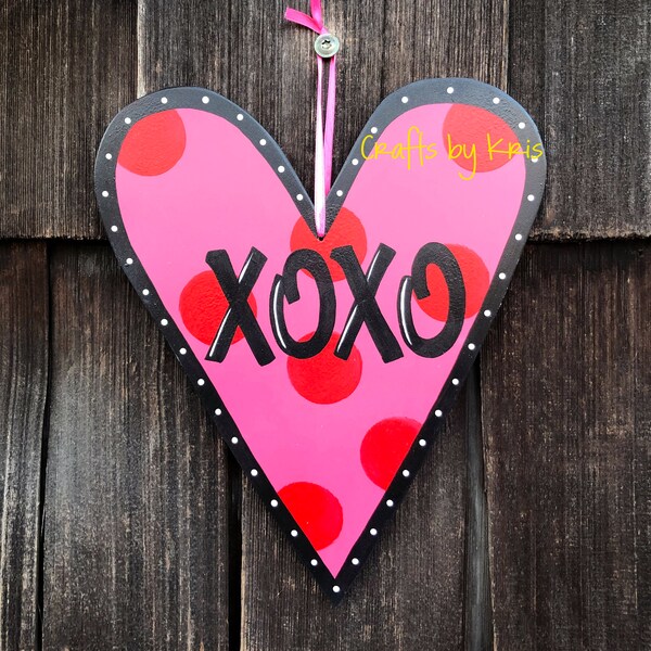 XOXO pink red polka dot valentine heart hand-painted hanging wood door hanger sign, love decor, hugs and kisses welcome family gift decor