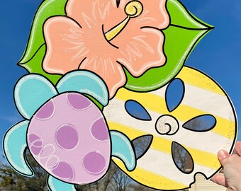 READY TO SHIP Beach door hanger, summer door hanger, sand dollar, turtle decor, hibiscus flower, summer decor, beach house sign, tropical