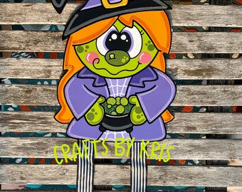 IN STOCK Witch door hanger, Halloween door hanger, witch decor, Halloween decor, ribbon leg door hanger, halloween witch, cauldron