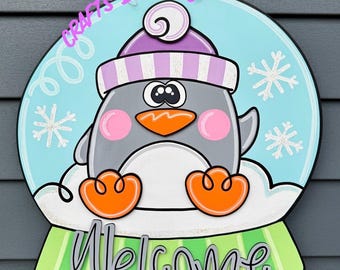 READY TO SHIP Penguin door hanger, snow globe door hanger, winter door hanger, winter decor, penguin decor, winter sign, penguin sign