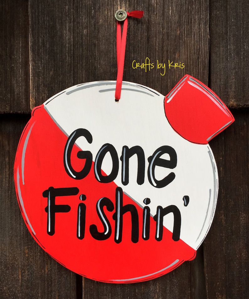 Gone Fishin/' hand-painted hanging wood sign fishing bobber decoration summer fun door hanger