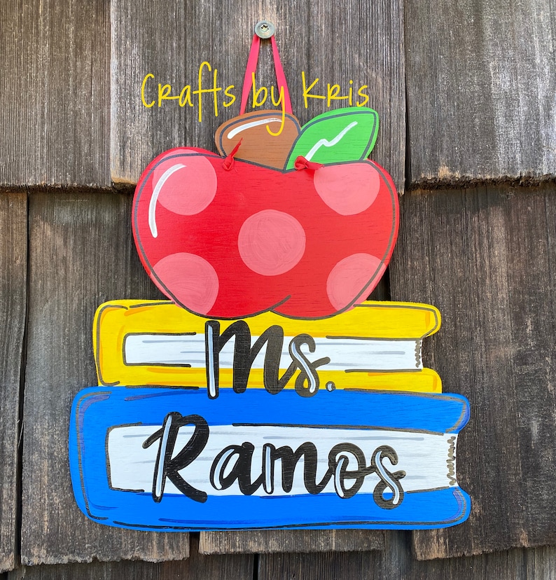 CUSTOM Teacher name apple school books welcome hand-painted image 0