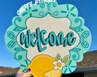 READY TO SHIP Lemon door hanger, lemon decor, spring door hanger, summer door hanger, kitchen decor, summer fruit decor, yellow lemon decor