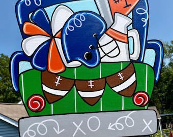 READY TO SHIP (blue & orange) - Football door hanger, football decor, fall door hanger, tailgate sign, game day sign, sports door hanger