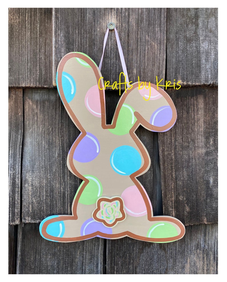 2d tail spring holiday decoration welcome gift Brown pastel polka dot Easter bunny silhouette hand-painted hanging wood door hanger sign