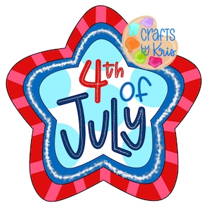 Puede incluir: Un diseño en forma de estrella con una combinación de colores rojo, blanco y azul, celebrando el 4 de julio. El texto "4th of July" está escrito en una fuente juguetona. Una pequeña paleta de artista con el texto "crafts by Kris" está en la esquina superior derecha.