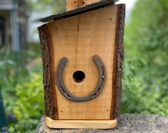 Handcrafted Wood Birdhouse, Lucky Horseshoe, Slate Roof, Garden Decor, Mother’s Day Gift