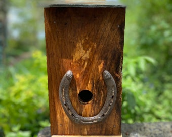 Handcrafted Wooden Blue Birdhouse, Songbird Birdhouse, Lucky Horseshoe, Farmhouse Decor, Slate