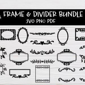 May include: A set of 18 black and white frame and divider SVG, PNG, and PDF designs. The designs feature various ornate frames, dividers, and borders.