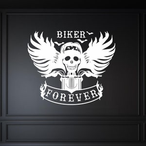 May include: A white skull with wings and a motorcycle engine, with the text "Biker Forever" on a black background.