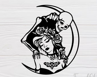 Girl and Skeleton SVG / Gothic SVG / Pagan svg / moon svg / pdf / png / Cricut cutting file / digital download