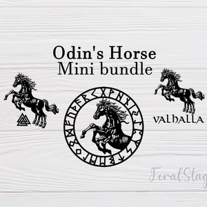 May include: A digital download of three black and white illustrations of Odin's horse Sleipnir. The illustrations include a horse with a circle of runes around it, a horse with a valhalla text, and a horse with a valknut symbol.