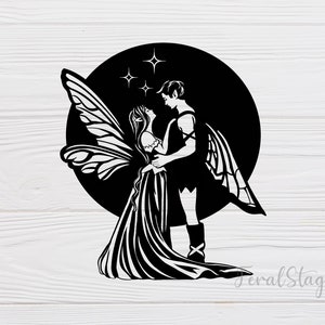 May include: Black and white silhouette of a fairy and a man embracing in front of a full moon with stars. The fairy has wings and a flowing dress.