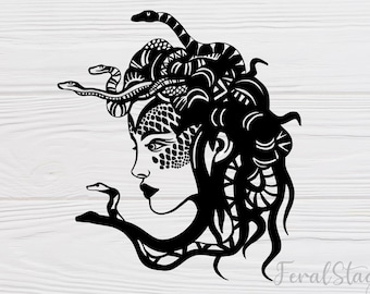 May include: Black and white silhouette of Medusa, a mythical Greek figure with snakes for hair. The image is stylized and intricate, with detailed patterns and textures.