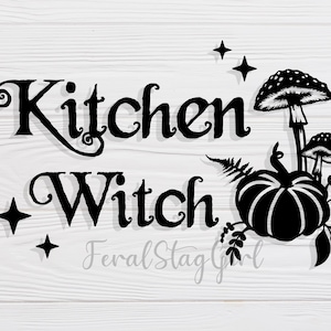 May include: Black and white graphic design with the text "Kitchen Witch" and a pumpkin with mushrooms and leaves. The text "Feral Stag Girl" is also included.