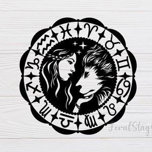 May include: Black and white illustration of a woman and a wolf's head, surrounded by a circle of zodiac symbols. The symbols include Aries, Taurus, Gemini, Cancer, Leo, Virgo, Libra, Scorpio, Sagittarius, Capricorn, Aquarius, and Pisces.