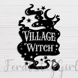 May include: Black and white silhouette of a witch's cauldron with smoke and stars. The text "Village Witch!" is written in white inside the cauldron.