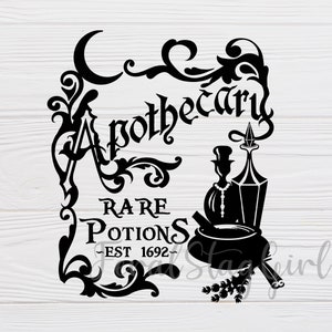 May include: Black and white illustration of an apothecary shop sign with the text "Apothecary Rare Potions Est 1692". The sign features a cauldron, a bottle, and a mortar and pestle.
