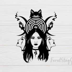 May include: Black and white illustration of a woman with three faces, a wolf head, and a crescent moon. The woman's hair is long and flowing, and she is wearing a necklace with a snake design. The wolf head is sitting on top of a labyrinth design.