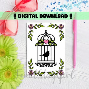 May include: A black and white digital download of a bird in a cage with pink flowers and leaves around it. The text "Digital Download" is at the top of the image.