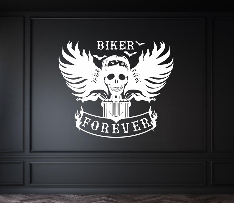 May include: A white skull with wings and a motorcycle engine, with the text "Biker Forever" on a black background.