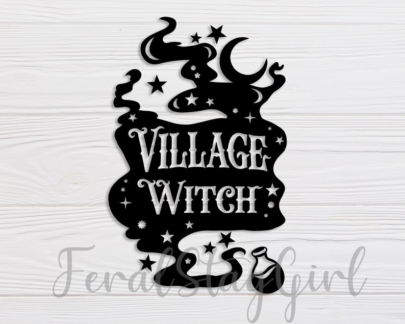 May include: Black and white silhouette of a witch's cauldron with smoke and stars. The text "Village Witch!" is written in white inside the cauldron.