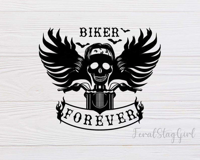 May include: Black and white illustration of a skull wearing a bandana and riding a motorcycle with wings. The text "Biker Forever" is on a banner below the motorcycle.