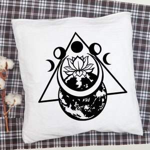 May include: Black and white illustration of a stylized moon, lotus flower, and earth inside a triangle. The moon is crescent shaped and has a stylized face. The lotus flower is in bloom and has five petals. The earth is a stylized globe with continents and oceans. The triangle is an equilateral triangle with a point at the top.