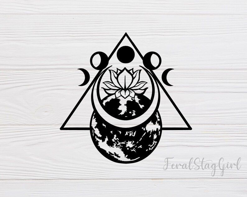May include: Black and white illustration of a lotus flower inside a crescent moon, surrounded by a triangle and four smaller moons. The crescent moon is over a textured circle.