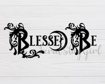 May include: Black and white graphic design with the word "Blessed" in a decorative font. The "B" and "E" are stylized with floral designs. A crescent moon is between the words.