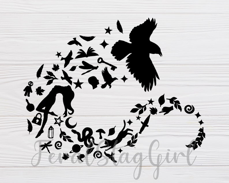 May include: Black and white silhouette design featuring a woman with a flowing cape, a raven, and various symbols including stars, leaves, a key, a crescent moon, a dragonfly, and a snake. The design is circular and the woman is facing the raven.