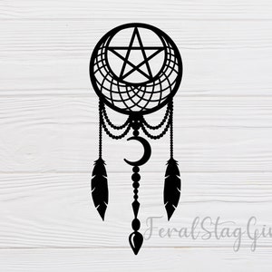 May include: Black and white dreamcatcher with a pentacle, crescent moon, and feathers.
