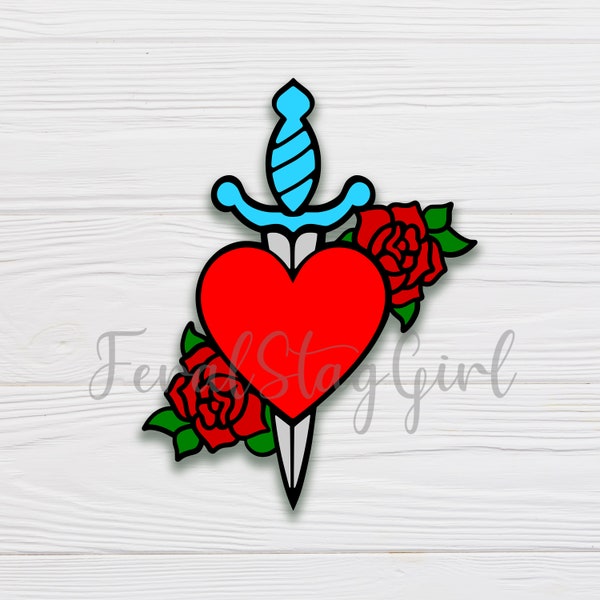 Tattoo Style Floral Heart with Dagger SVG / Love SVG /  Tattoo svg / PNG / pdf / Cricut Cutting File / Digital Download