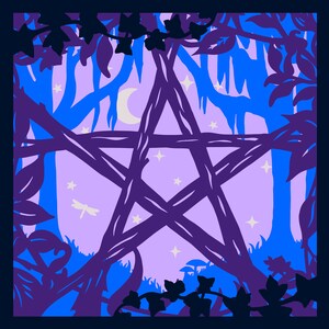 May include: A purple pentacle with a five-pointed star design is superimposed on a purple and blue forest scene. The scene includes trees, vines, and a crescent moon.