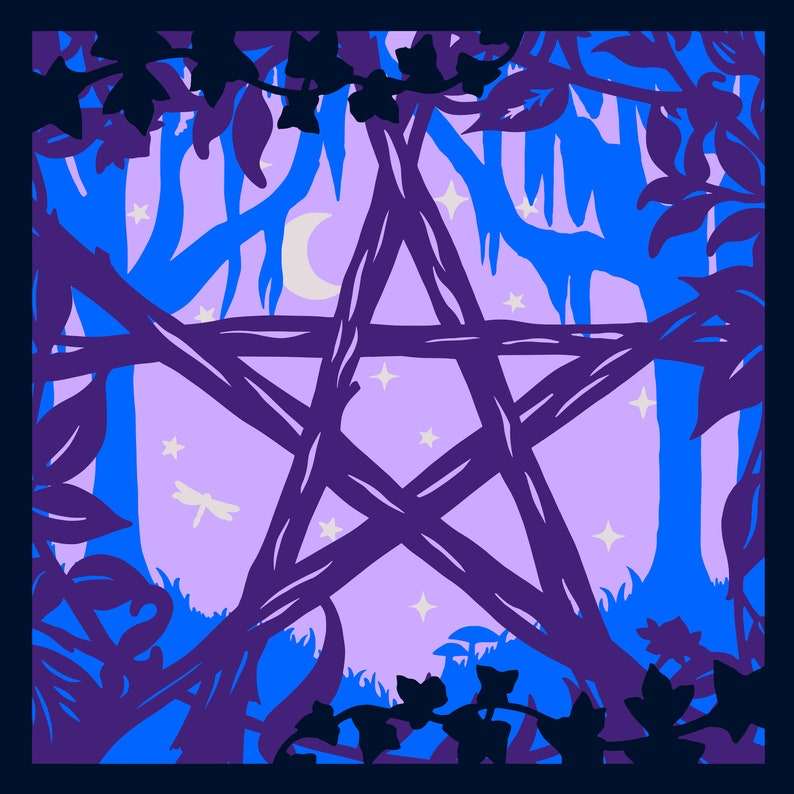 May include: A purple pentacle with a five-pointed star design is superimposed on a purple and blue forest scene. The scene includes trees, vines, and a crescent moon.