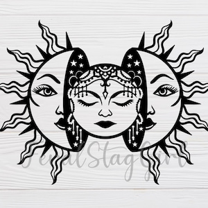 May include: Black and white illustration of a sun and moon with a stylised face in the centre. The sun has rays and the moon is a crescent shape.