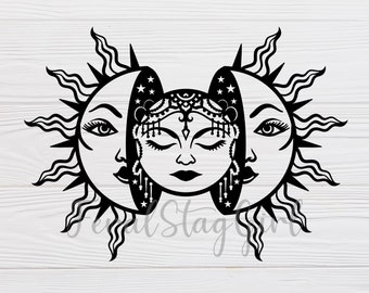 May include: Black and white illustration of a sun and moon with a stylized face in the center. The sun has rays and the moon is a crescent shape.
