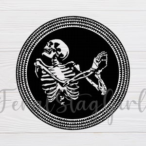 May include: Black and white illustration of a skeleton with its arms crossed in a circle with a black background and a white geometric pattern border.