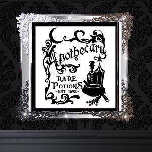 May include: A black and white illustration of an apothecary sign with the text "Apothecary Rare Potions -Est 1692-" in a decorative font. The sign features a cauldron, a bottle, and a sprig of lavender.