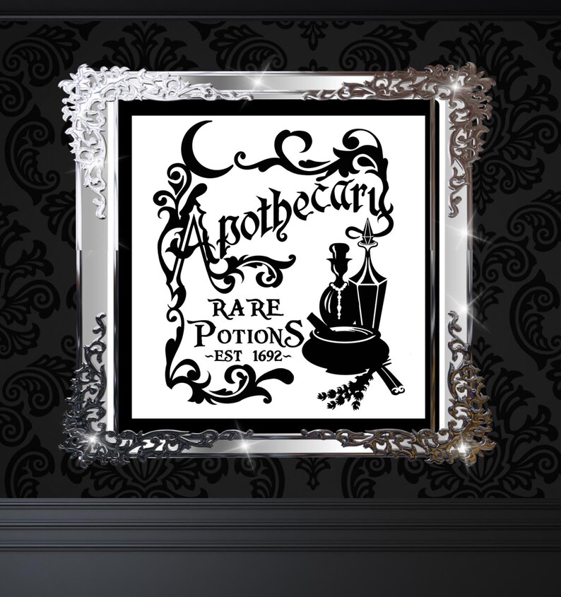 May include: A black and white illustration of an apothecary sign with the text "Apothecary Rare Potions -Est 1692-" in a decorative font. The sign features a cauldron, a bottle, and a sprig of lavender.