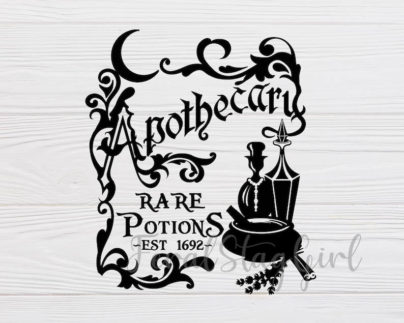 May include: Black and white illustration of an apothecary shop sign with the text "Apothecary Rare Potions Est 1692". The sign features a cauldron, a bottle, and a mortar and pestle.