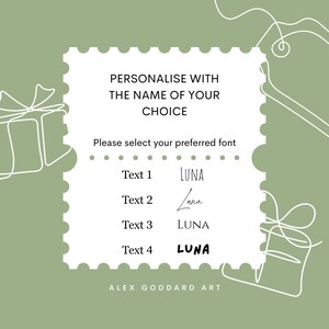 A photo of a message highlighting that your bookmark can be personalised with a name of your choice, with the option to select from four different font styles.