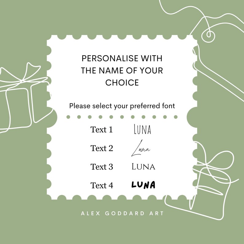 A photo of a message highlighting that your bookmark can be personalised with a name of your choice, with the option to select from four different font styles.