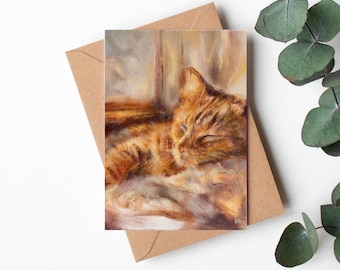 Ginger Cat Greeting Card A6, Sleeping Cat Card, Cat Lover Gift, Cat Art, Pet Lover Card