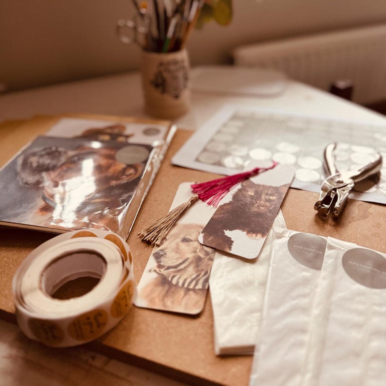 An image showing a glimpse into the studio where the bookmarks are handmade and packaged before they ae shipped out.