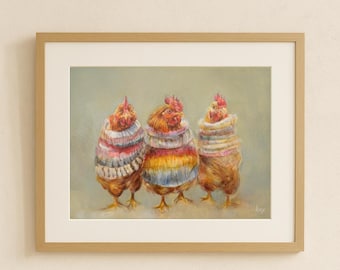 Cosy Chickens in Colourful Sweaters Fine Art Giclée Print