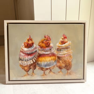 Original Artwork | Cosy Chickens | Framed Painting on Linen