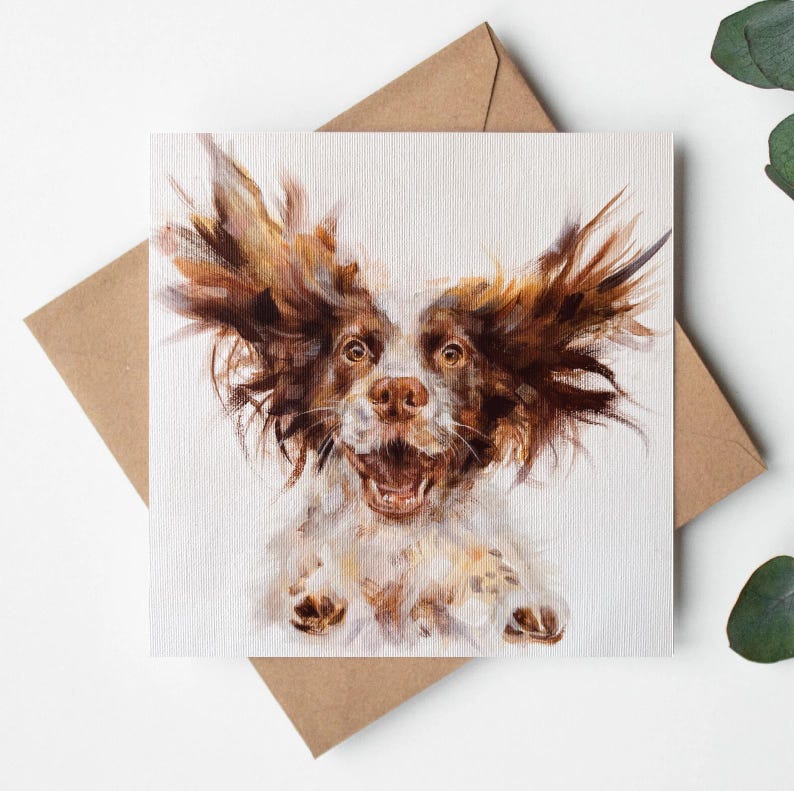 A greeting card featuring a design from one of Alex's original paintings, illustrated with an adorable English Springer Spaniel. Printed on 250gsm Tintoretto Gesso paper, it comes with a brown kraft envelope and is packaged in a compostable sleeve.